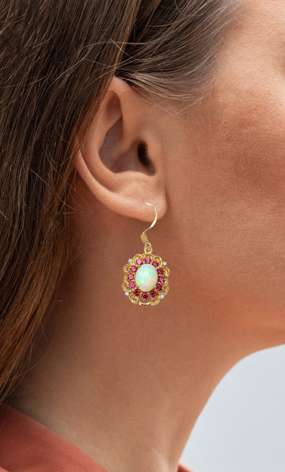 Natural Opal Earrings With Rhodolite Garnet 4.88 Carats Gold Plated Silver
