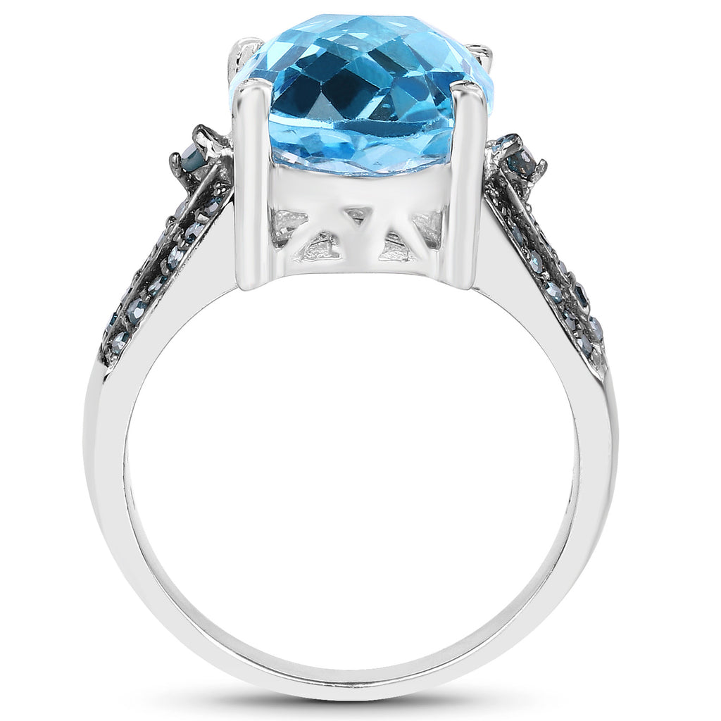 Swiss Blue Topaz Ring With Blue Diamonds 5.48 Carats Sterling Silver