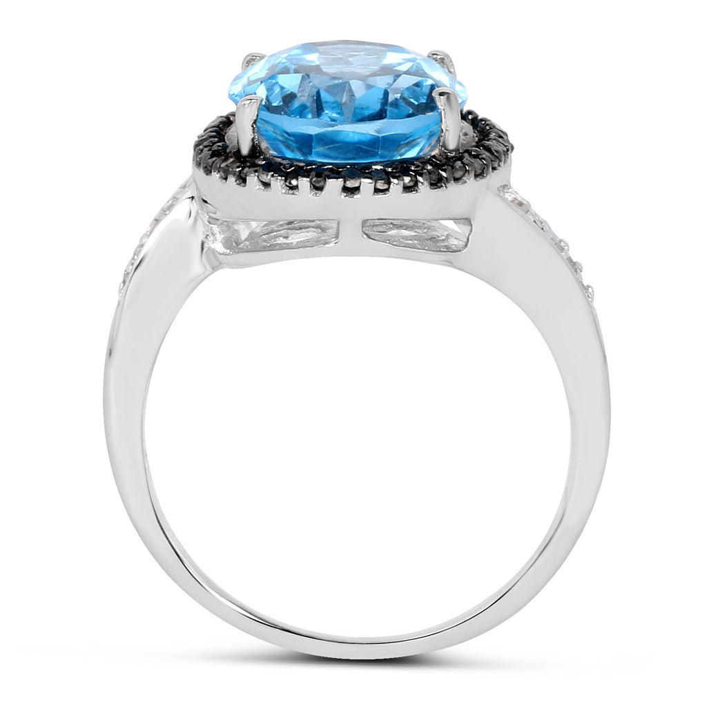 Swiss Blue Topaz Ring With Multicolor Diamonds 5.44 Carats Sterling Silver