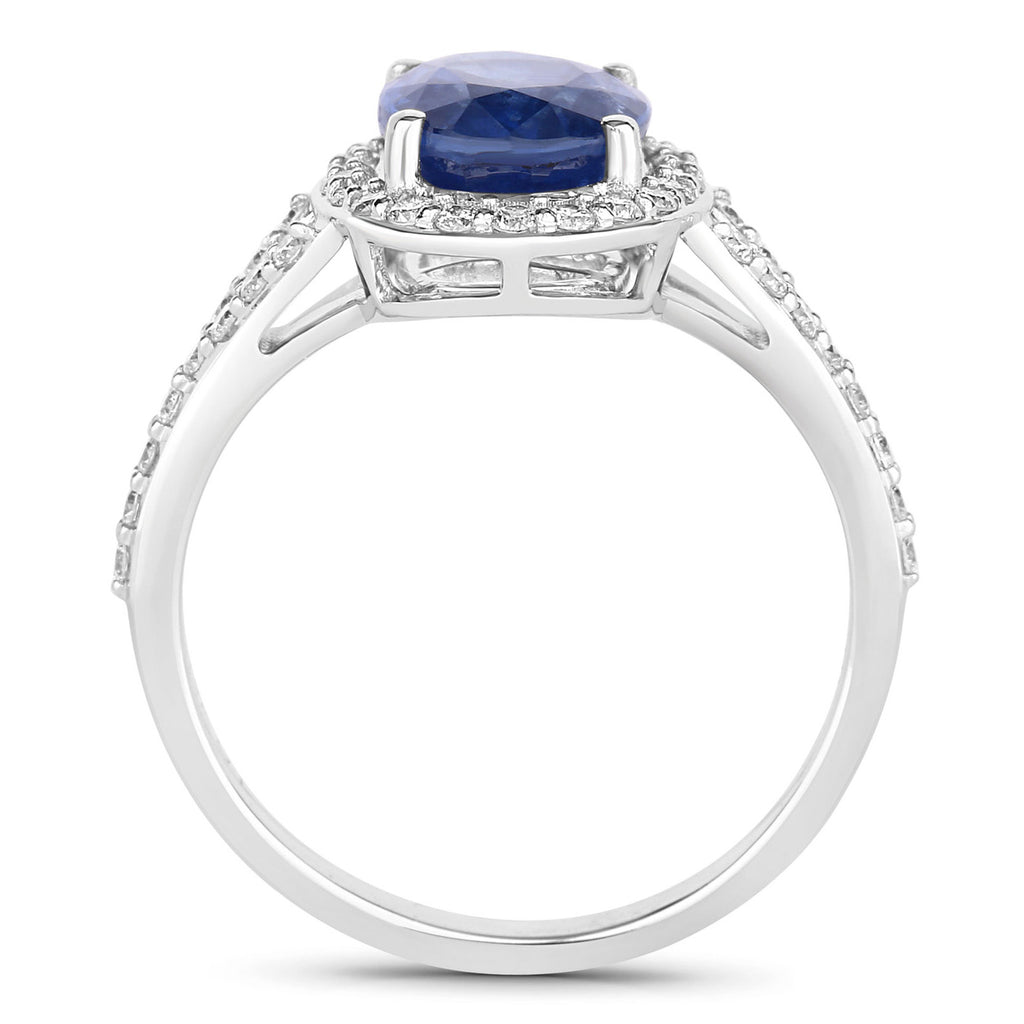 Blue Sapphire Ring With Diamonds 3.48 Carats 18K White Gold