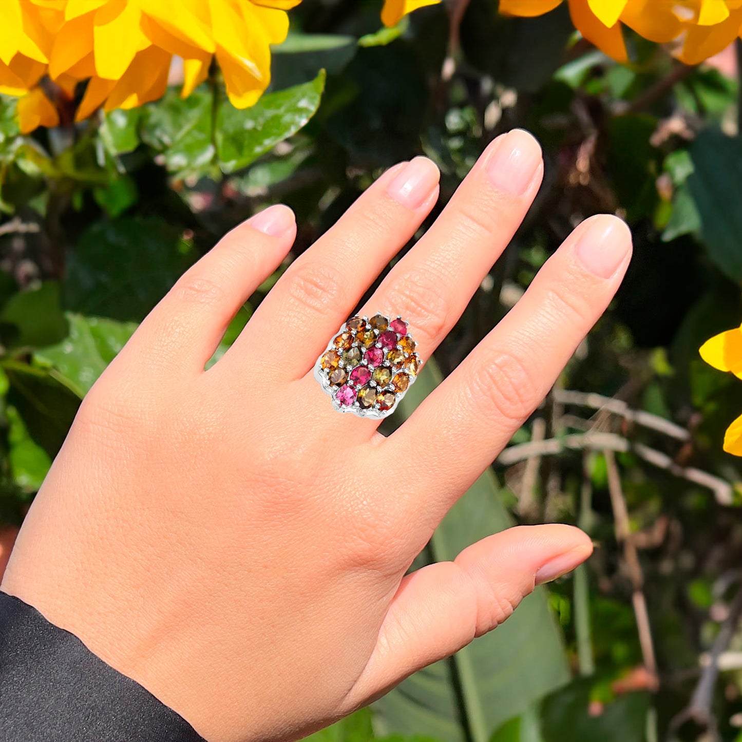 Multicolor Tourmaline Ring 5.89 Carats Rhodium Plated Sterling Silver