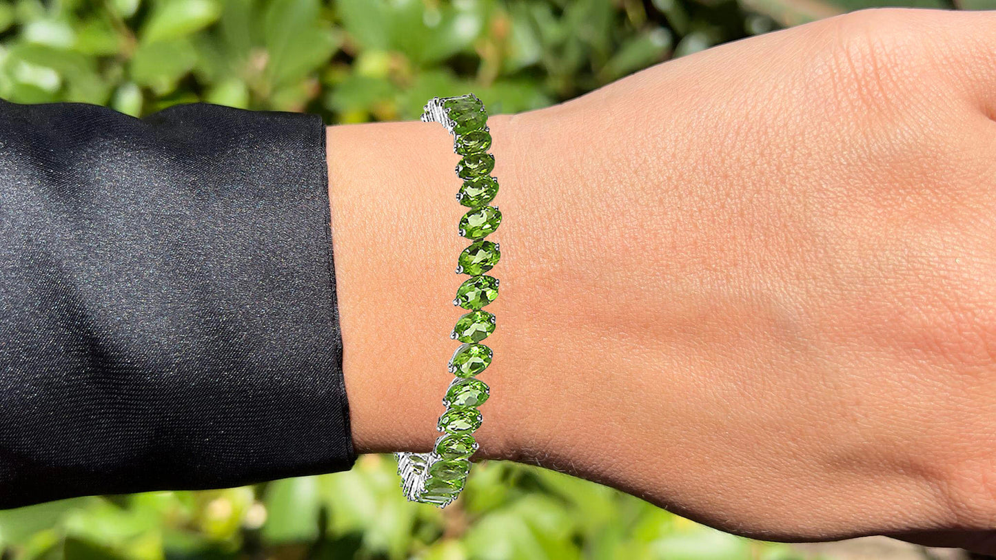 Natural Peridot Tennis Bracelet Oval Cut 19.4 Carats 18K White Gold Plated