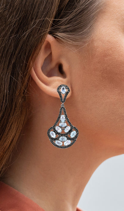 Blue Topaz Dangle Earrings Black Spinel 12.1 Carats Sterling Silver