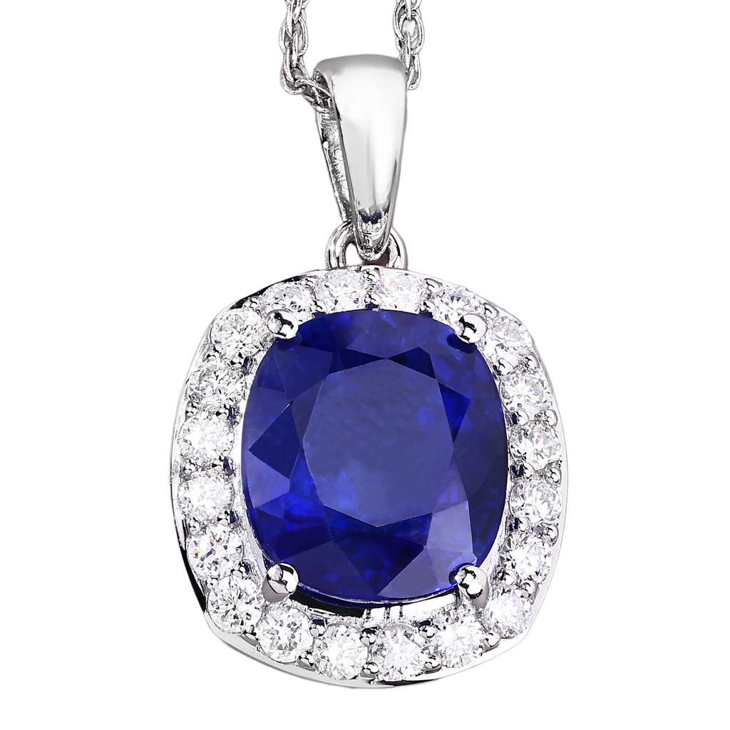 Blue Sapphire Pendant With Diamonds 2.96 Carats 18K White Gold