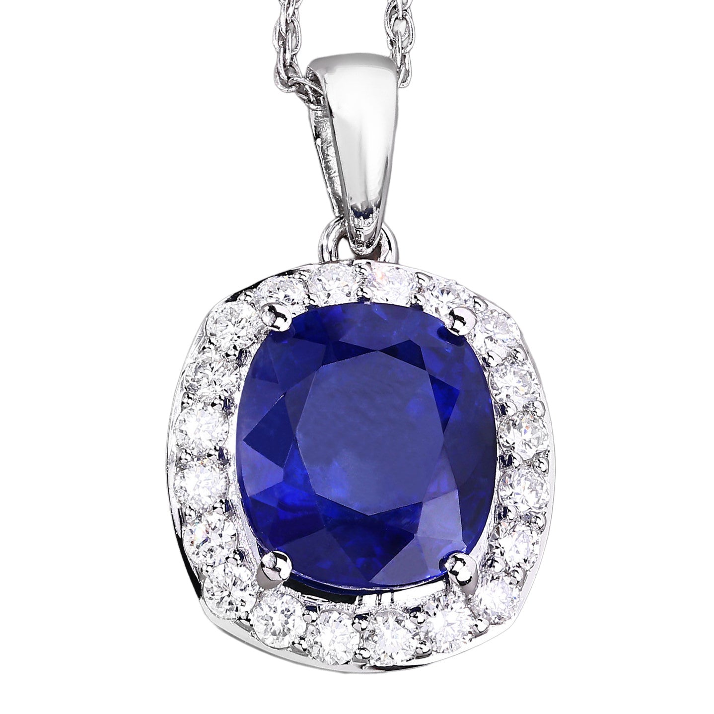 Blue Sapphire Pendant With Diamonds 2.96 Carats 18K White Gold
