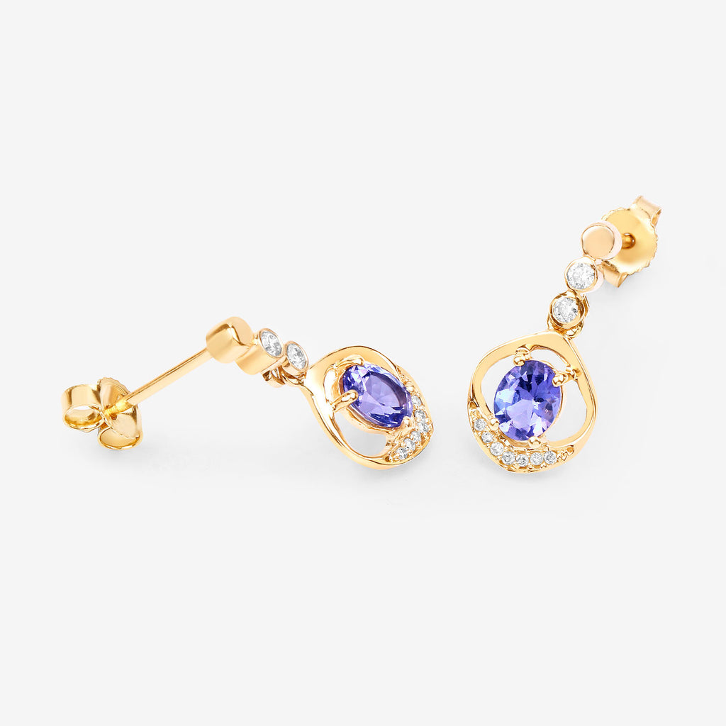 Natural Tanzanite Earrings With Diamonds 0.72 Carats 14K Yellow Gold