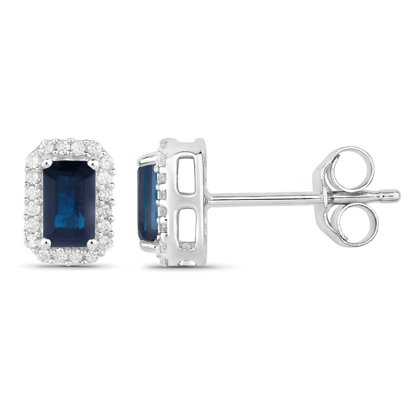 Blue Sapphire Earrings Diamond Halo 0.9 Carats 14K White Gold