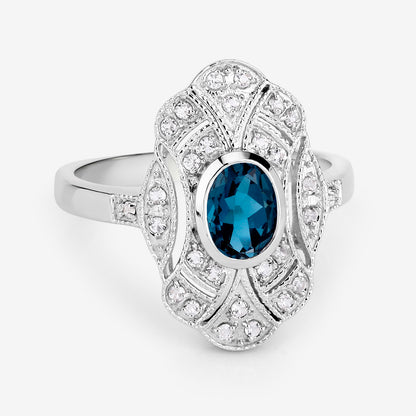 London Blue Topaz Ring With White Topaz 1.28 Carats Sterling Silver