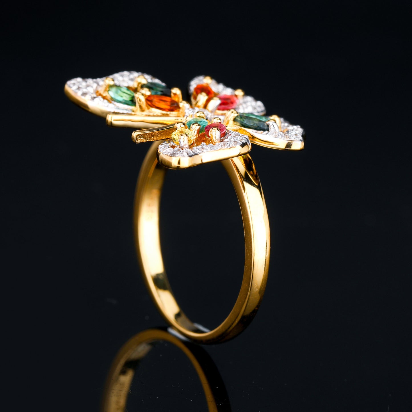 Natural Multicolor Tourmaline Butterfly Ring 1.39 Carats Gold Plated Silver