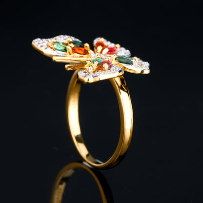 Natural Multicolor Tourmaline Butterfly Ring 1.39 Carats Gold Plated Silver