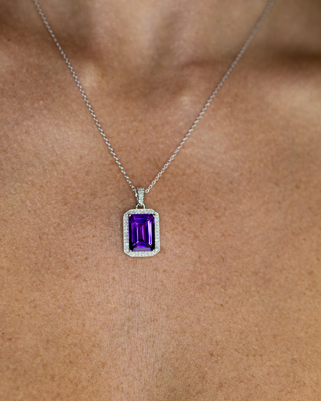 Amethyst Pendant Necklace Diamond Halo 5.34 Carats Sterling Silver