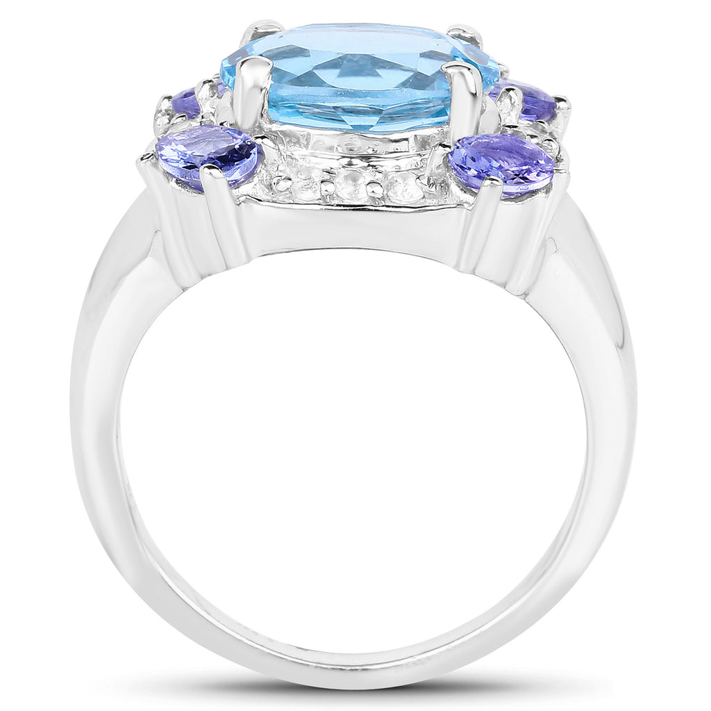Swiss Blue Topaz Ring With Tanzanite 4.08 Carats Sterling Silver