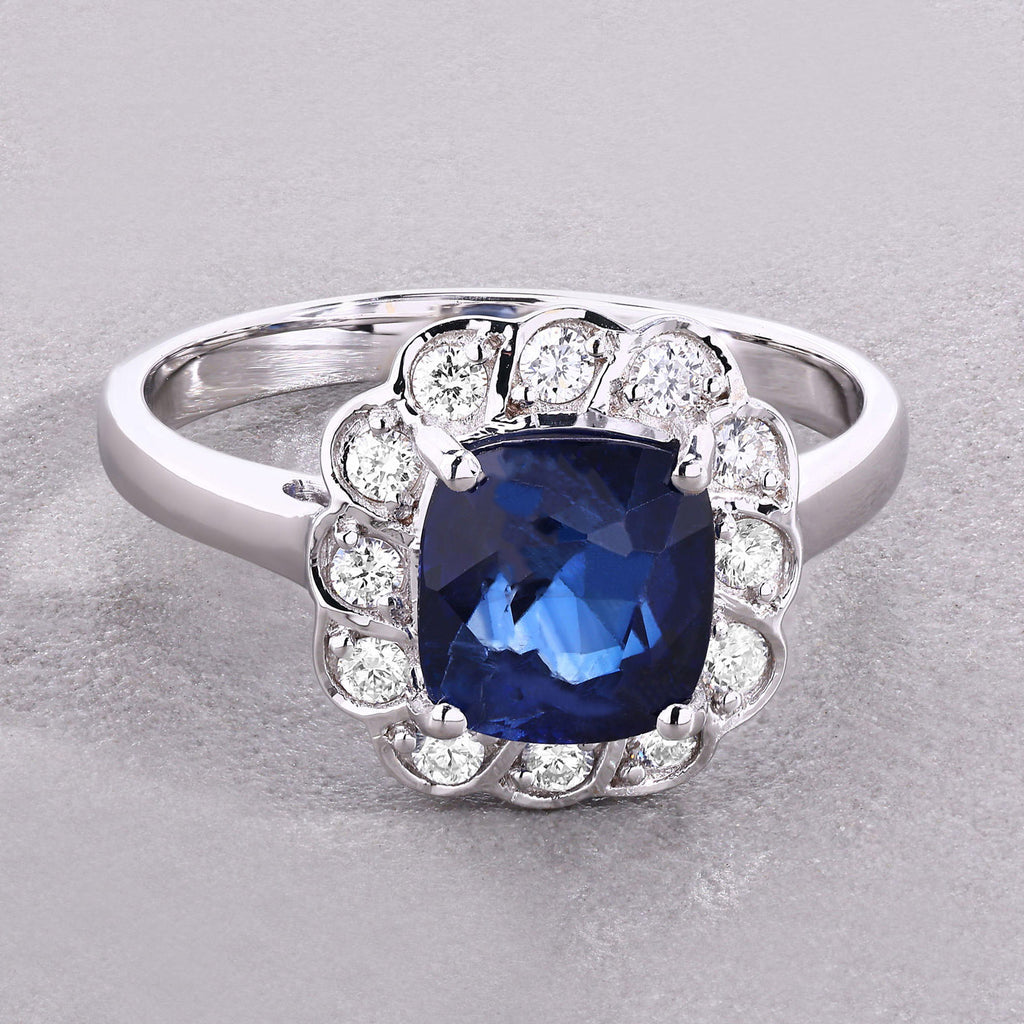 Blue Sapphire Ring With Diamonds 2.56 Carats 18K White Gold