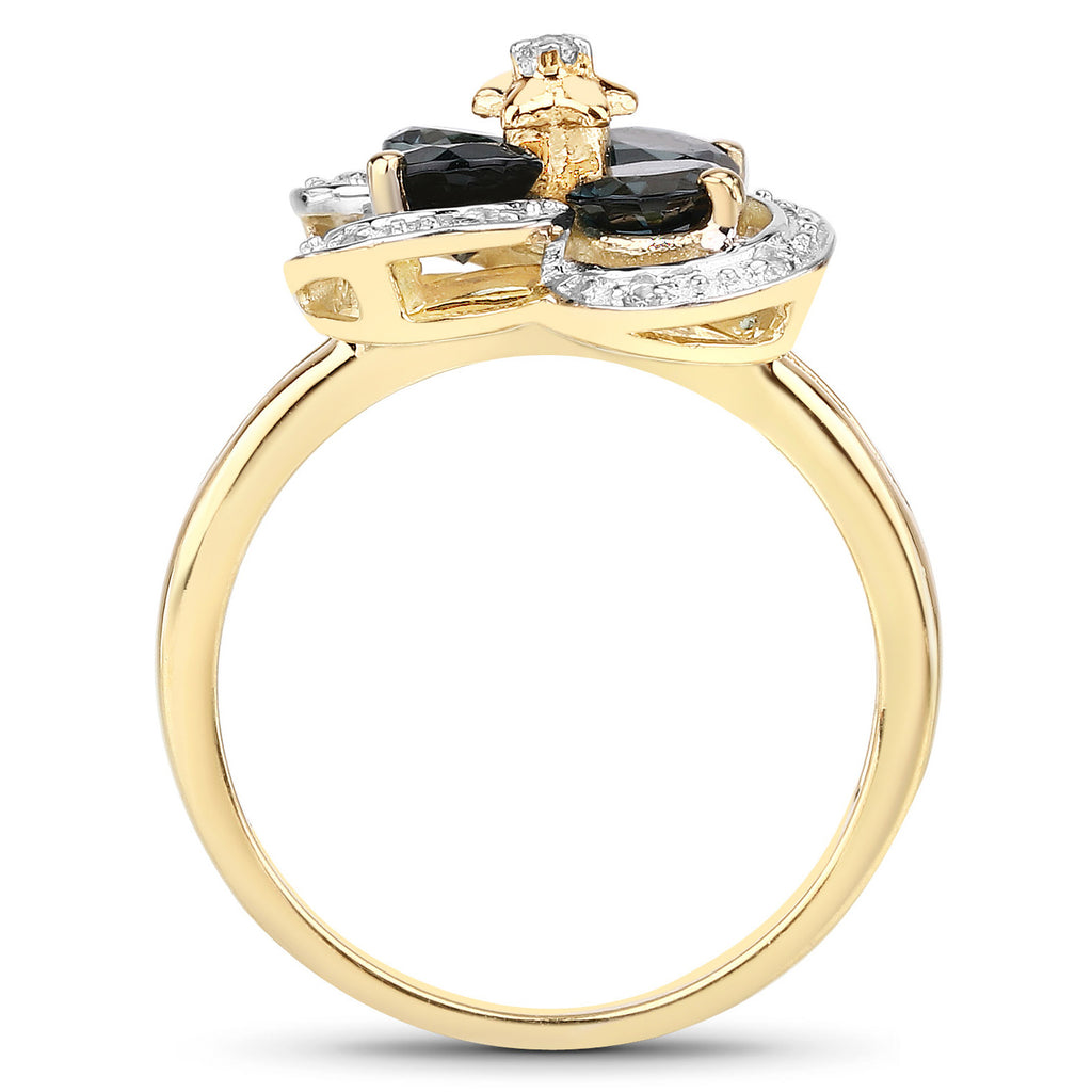 London Blue Topaz Flower Ring With White Topaz 1.72 Carats Gold Plated Silver