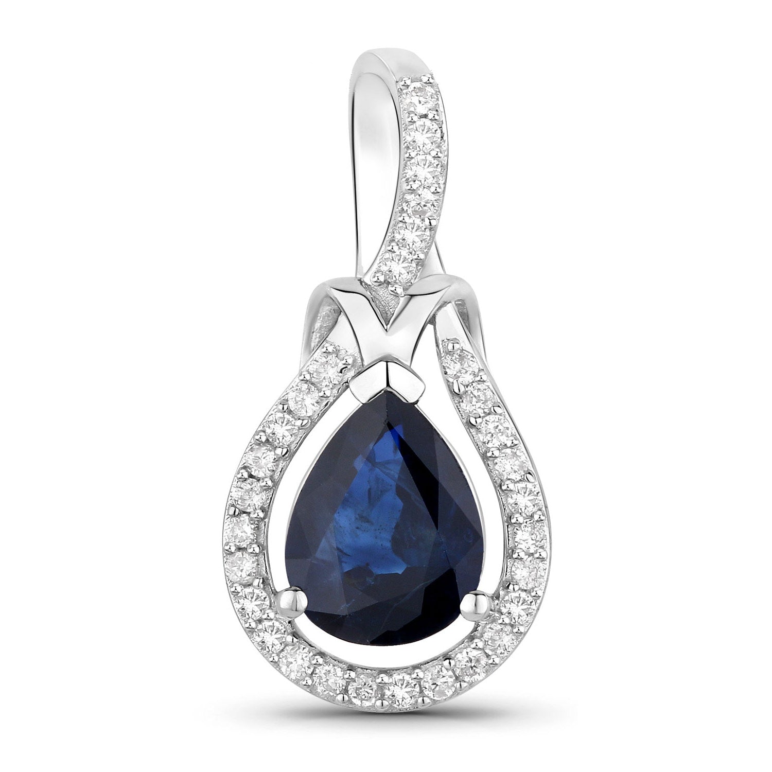 Blue Sapphire Knot Pendant With Diamonds 1.44 Carats 14K White Gold