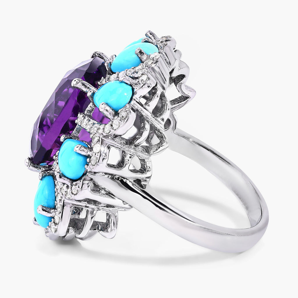 Amethyst Ring With Turquoise 10.6 Carats Sterling Silver