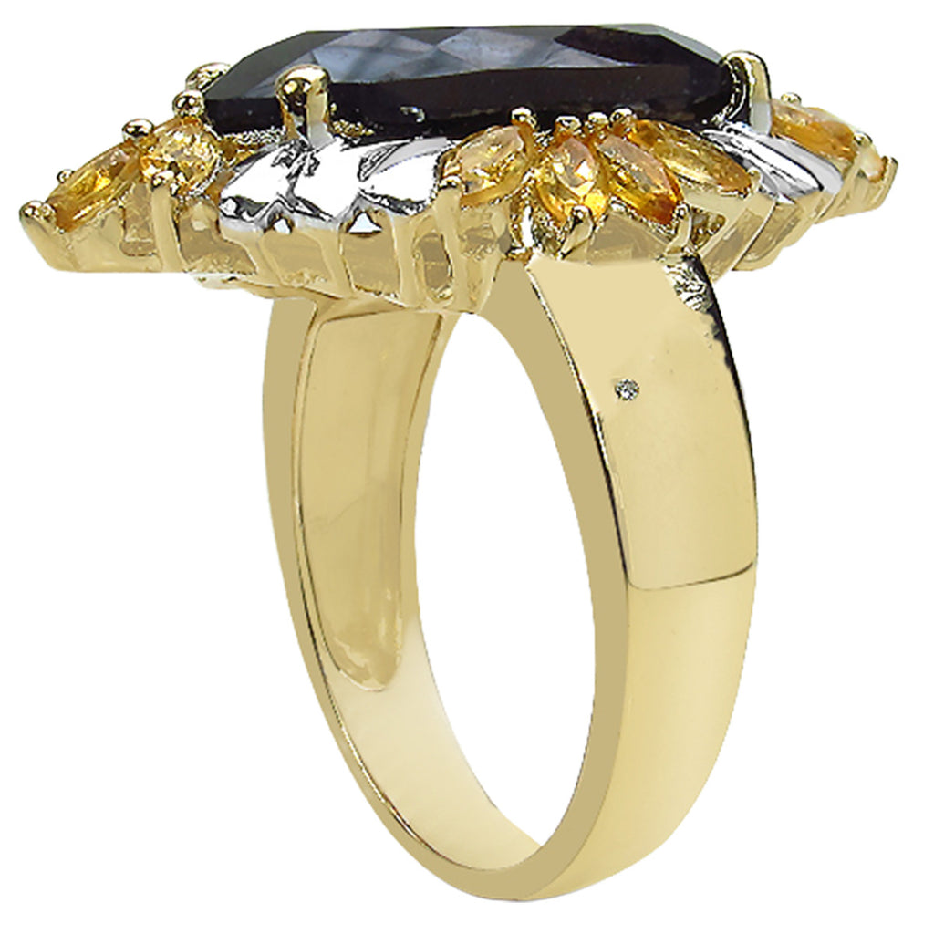 Smoky Quartz Ring With Citrine 7.03 Carats Gold Plated Silver