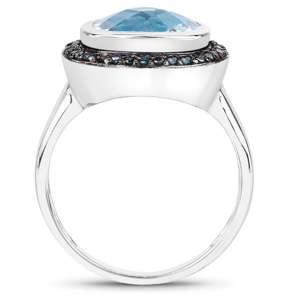 Swiss Blue Topaz Ring With Black Diamonds 5.2 Carats Sterling Silver