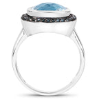 Swiss Blue Topaz Ring With Black Diamonds 5.2 Carats Sterling Silver
