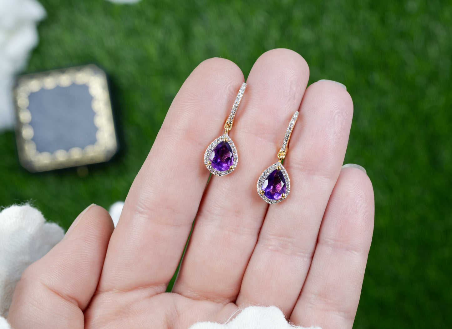 Amethyst Dangle Earrings White Topaz 2.28 Carats 18K Yellow Gold Plated Silver