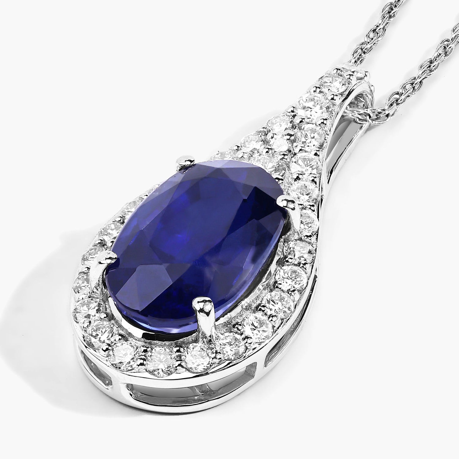 Blue Sapphire Pendant With Diamonds 3.77 Carats 18K White Gold