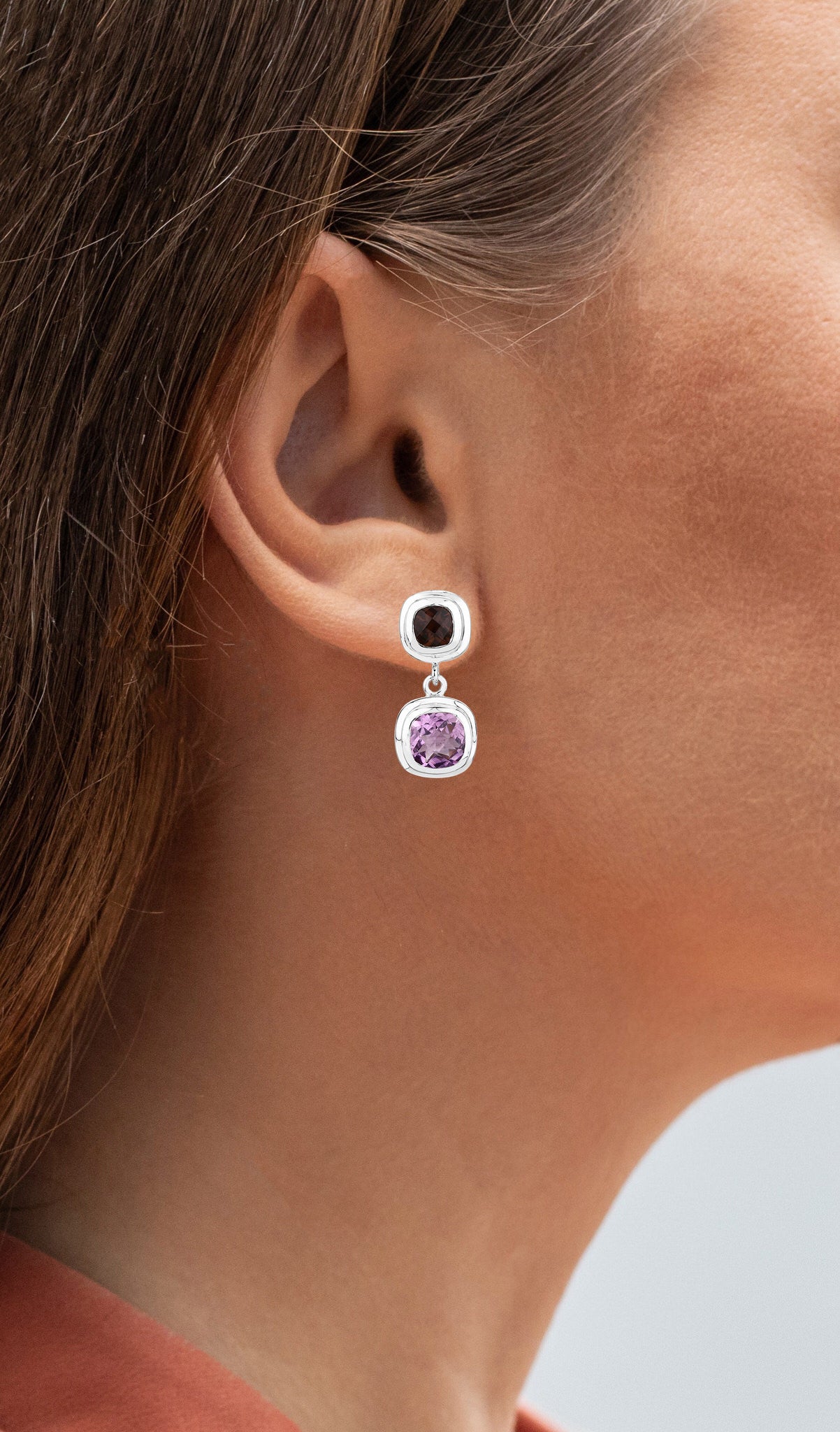 Amethyst Dangle Earrings With Smoky Quartz 6.56 Carats Sterling Silver