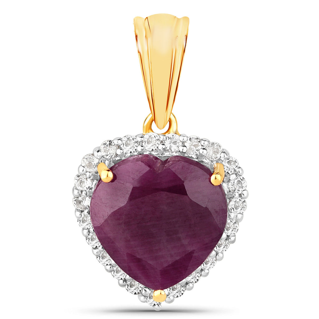 Ruby Heart Pendant With White Topaz 7.08 Carats Gold Plated Silver