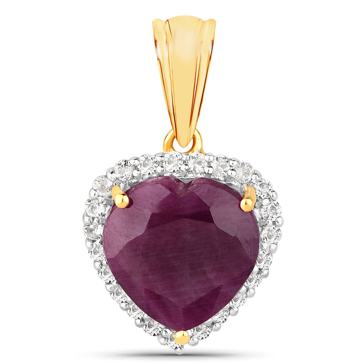 Ruby Heart Pendant With White Topaz 7.08 Carats Gold Plated Silver