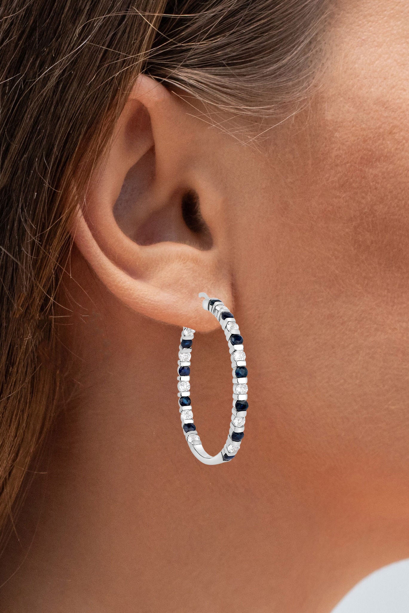 Natural Blue Sapphire Hoop Earrings White Topaz 4.34 Carats Sterling Silver
