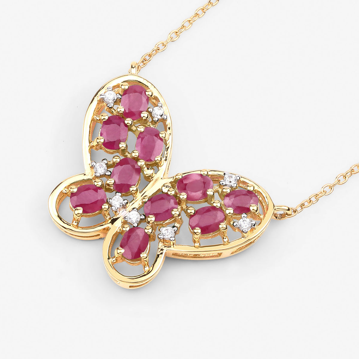 Ruby Butterfly Necklace With White Zircon 2.32 Carats Gold Plated Silver