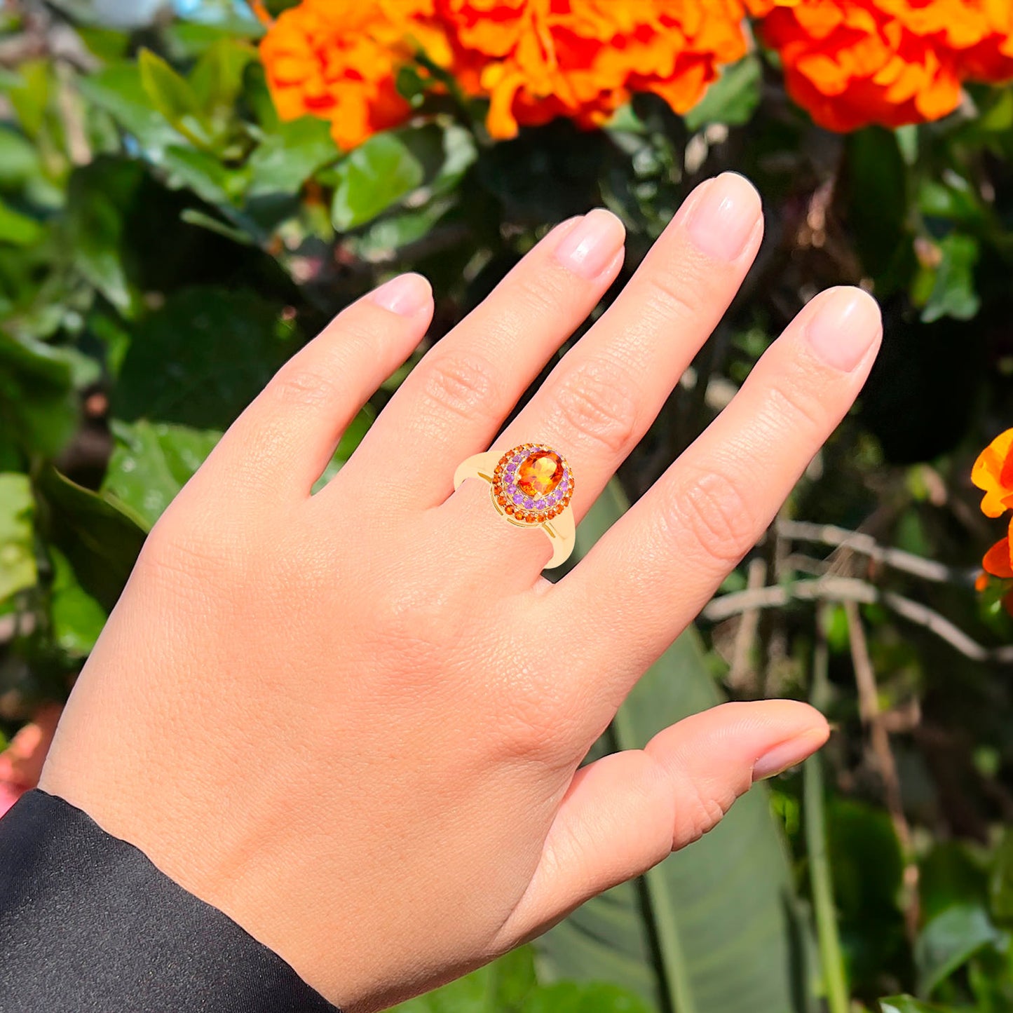 Natural Citrine Cocktail Ring Amethyst Halo 14K Gold Plated Silver