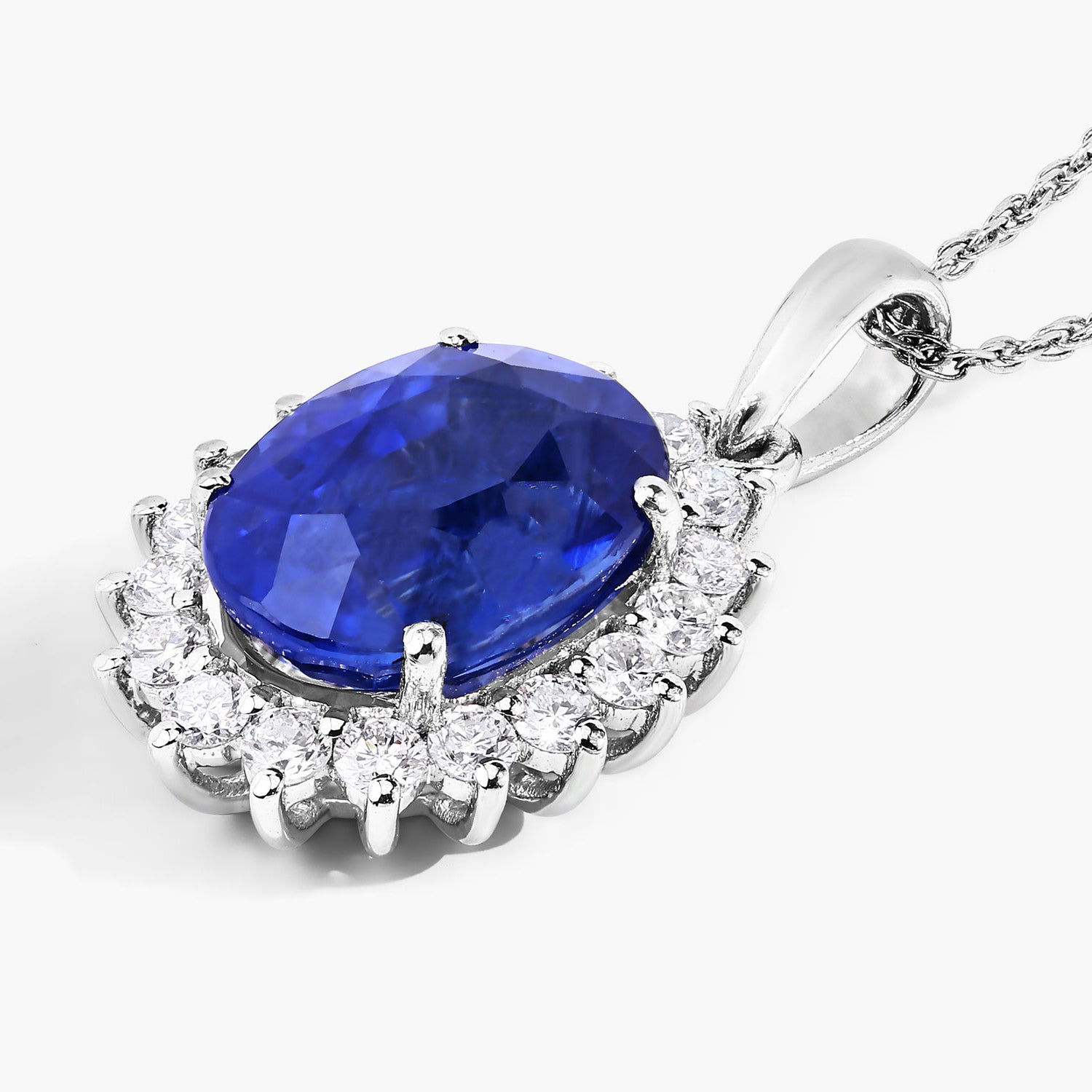 Blue Sapphire Pendant With Diamonds 4.22 Carats 18K White Gold