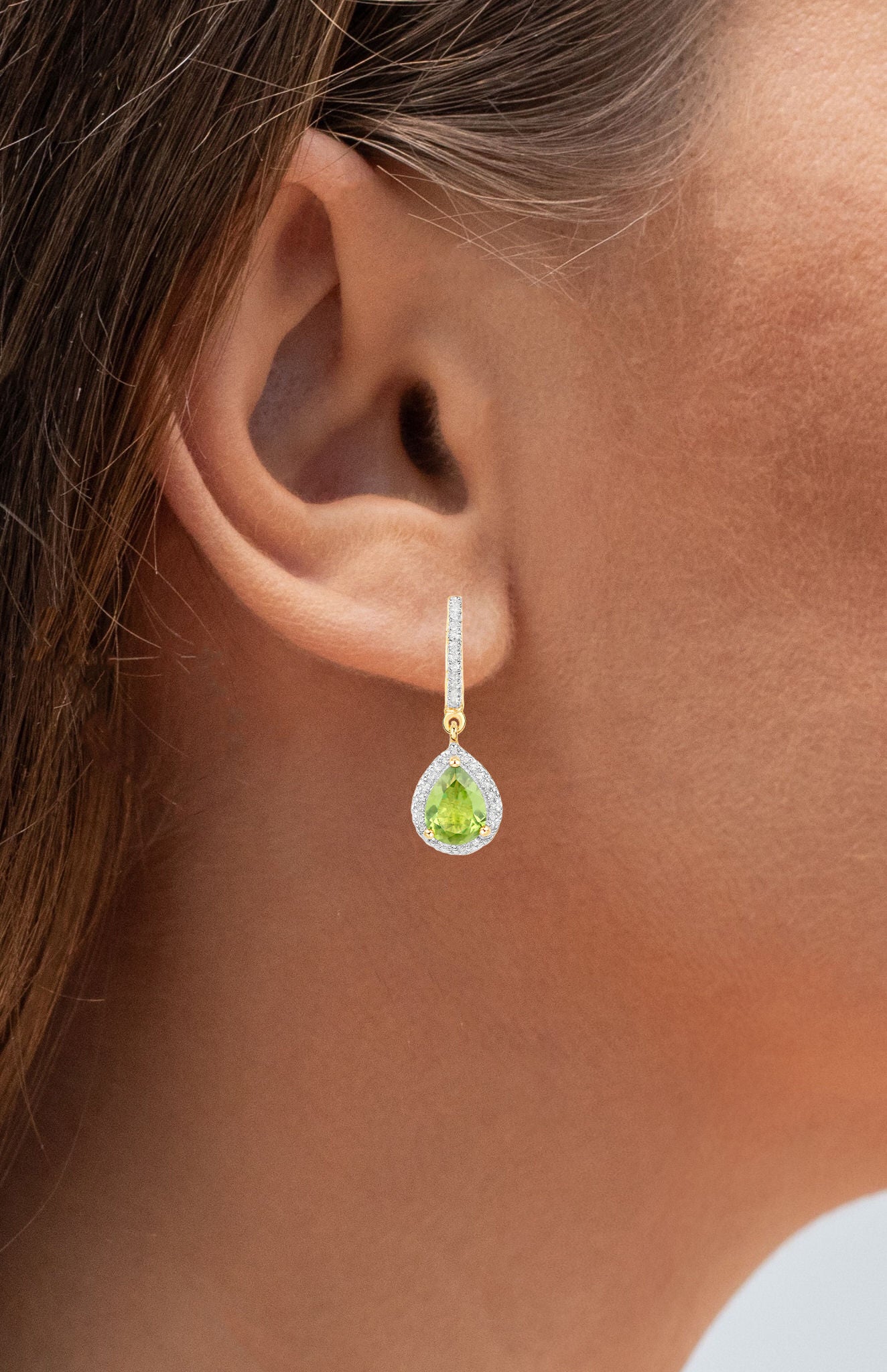 Natural Peridot Dangle Earrings White Topaz 2.16 Carats 18K Gold Plated Silver