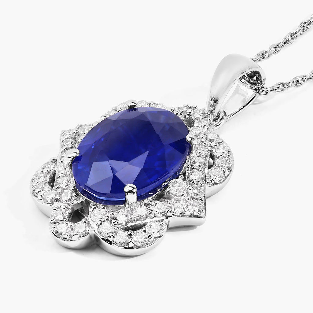 Blue Sapphire Pendant With Diamonds 3.12 Carats 18K White Gold