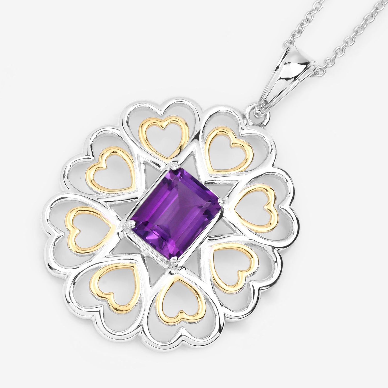Amethyst Flower Pendant 2.08 Carats Gold Plated Silver