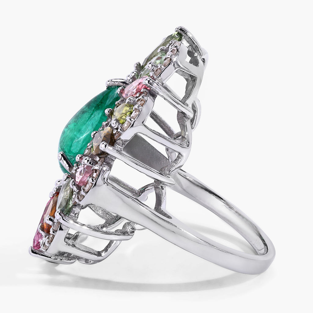 Emerald Ring With Multicolor Tourmaline 7.08 Carats Sterling Silver