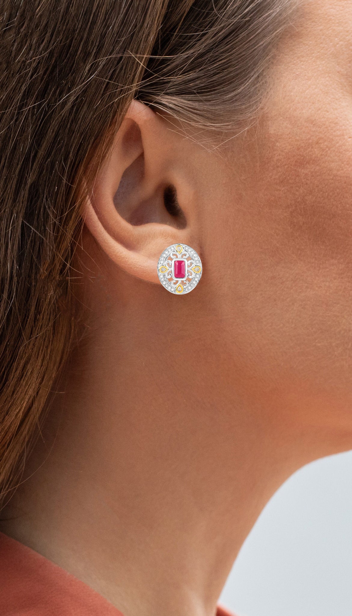 Ruby Earrings Halo Diamonds 0.7 Carats 18K Yellow Gold Plated Silver