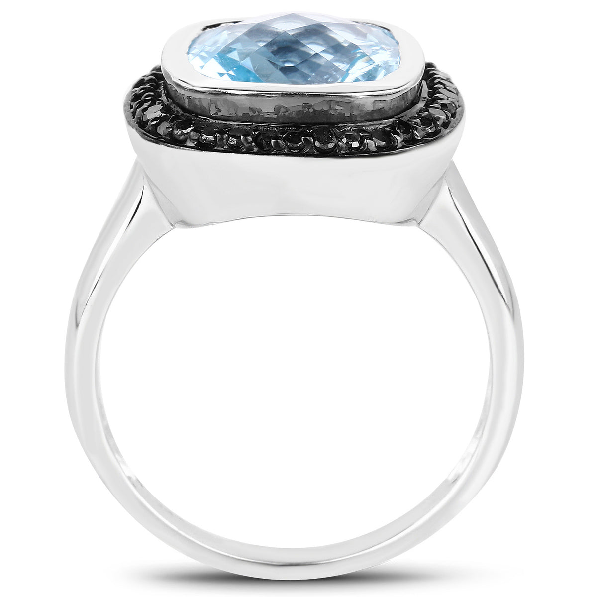 Light Blue Topaz Ring With Black Diamonds 5.2 Carats Sterling Silver
