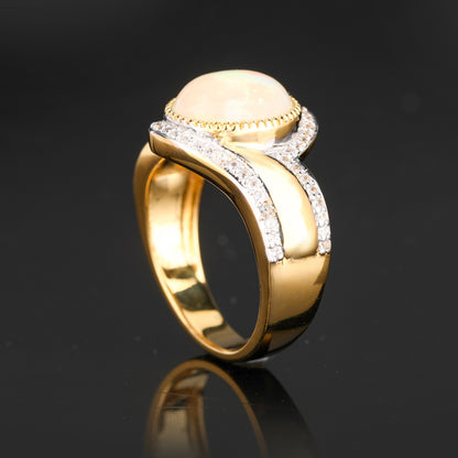 Natural Ethiopian Opal Ring With White Zircon 2.65 Carats Gold Plated Silver