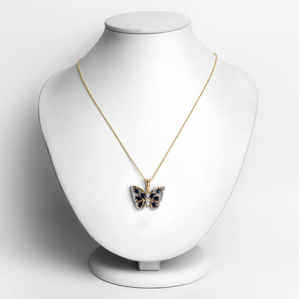 Blue Sapphire Butterfly Pendant With White Zircon 1.63 Carats Gold Plated Silver