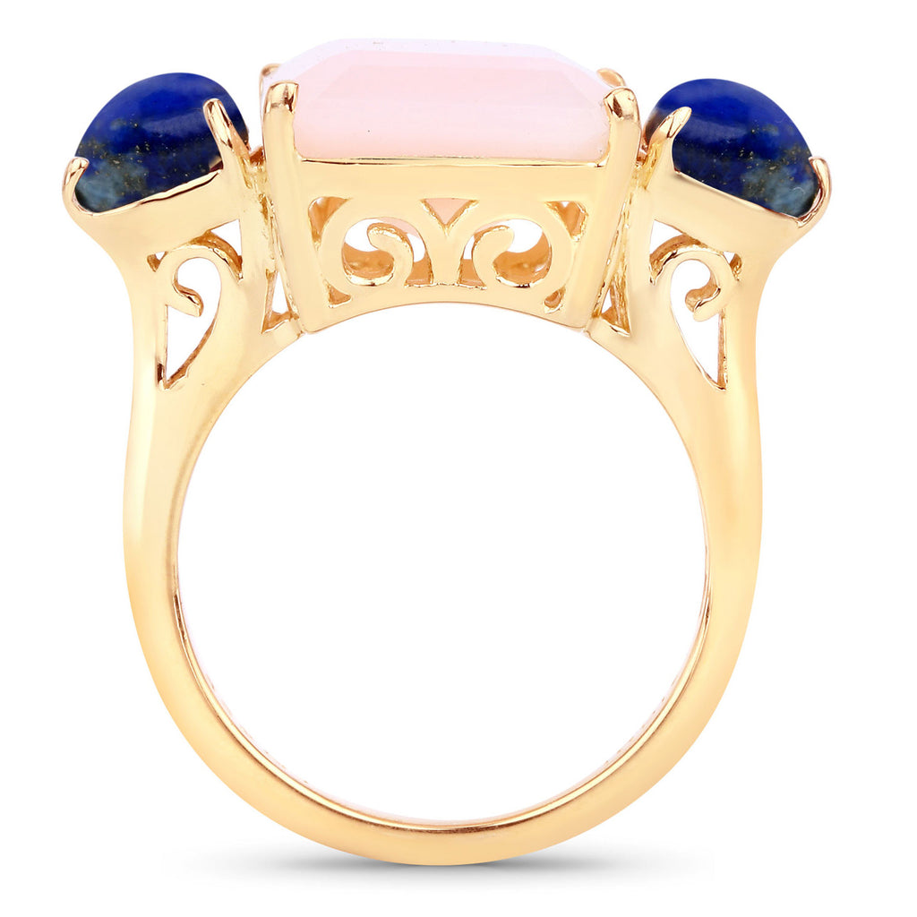 Pink Opal Ring With Lapis Lazuli 12.1 Carats Gold Plated Silver