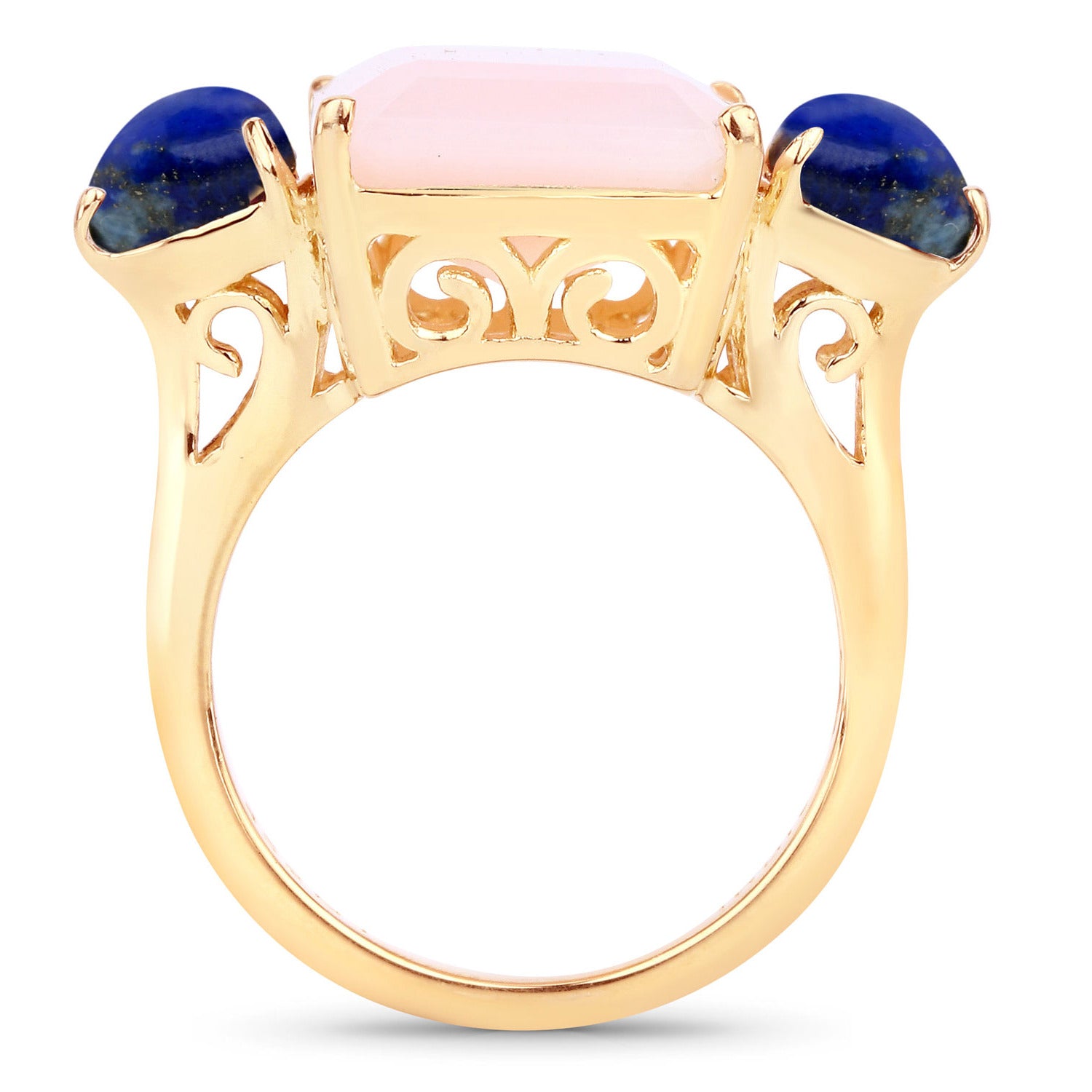 Pink Opal Ring With Lapis Lazuli 12.1 Carats Gold Plated Silver