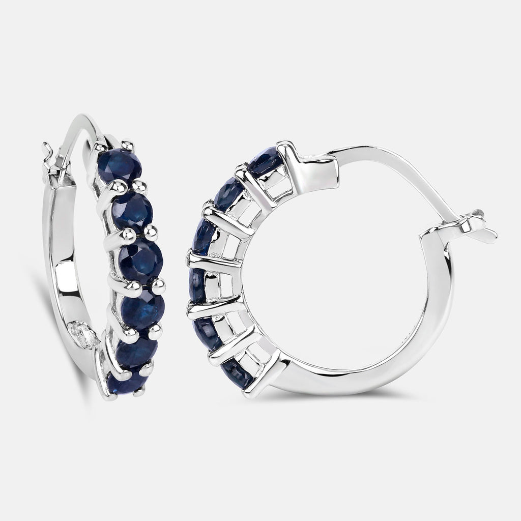 Natural Blue Sapphire Hoop Earrings 1.3 Carats Sterling Silver