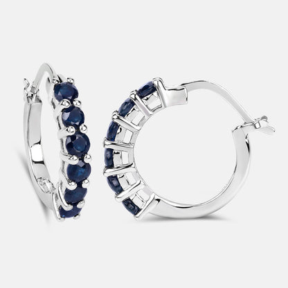 Natural Blue Sapphire Hoop Earrings 1.3 Carats Sterling Silver