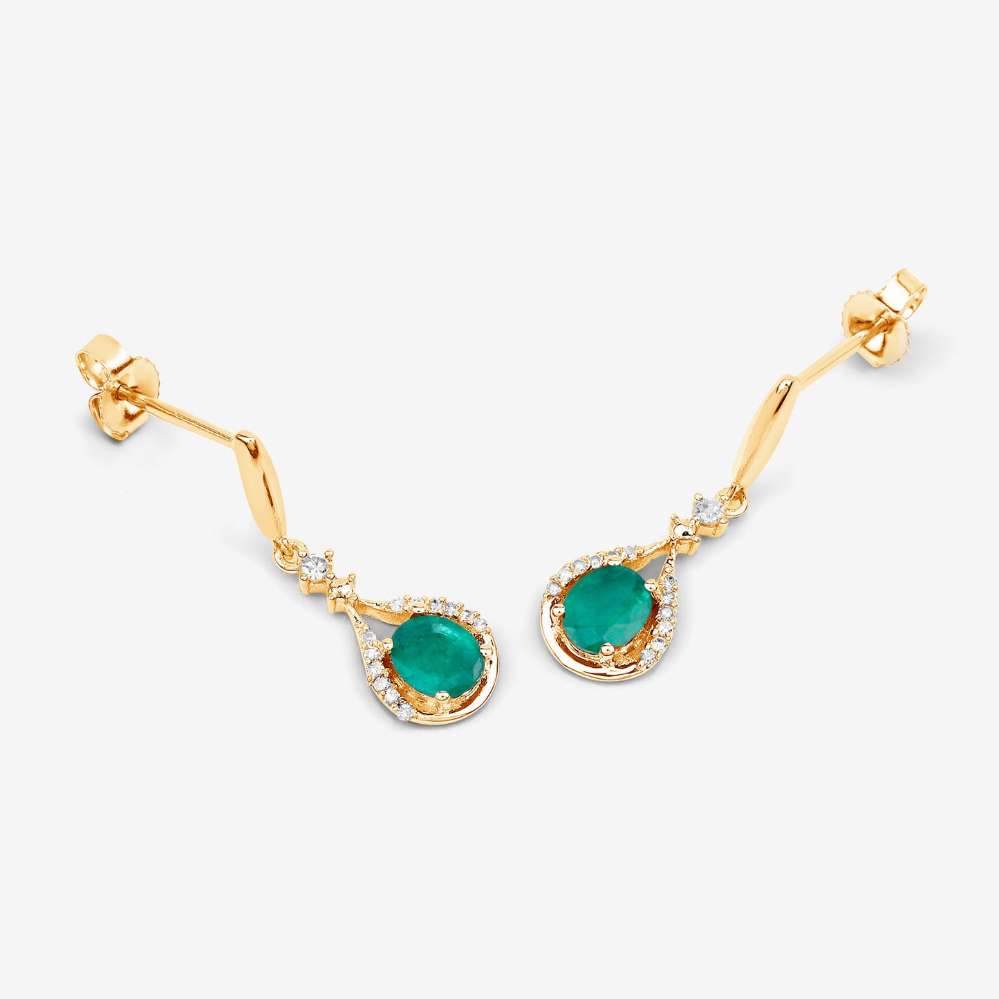 Zambian Emerald Dangle Earrings Diamonds 0.6 Carats 14K Yellow Gold