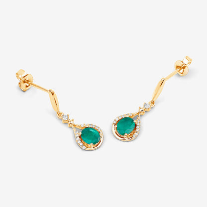 Zambian Emerald Dangle Earrings Diamonds 0.6 Carats 14K Yellow Gold