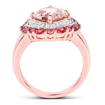 Morganite Ring With Pink Tourmaline 3.04 Carats Gold Plated Silver