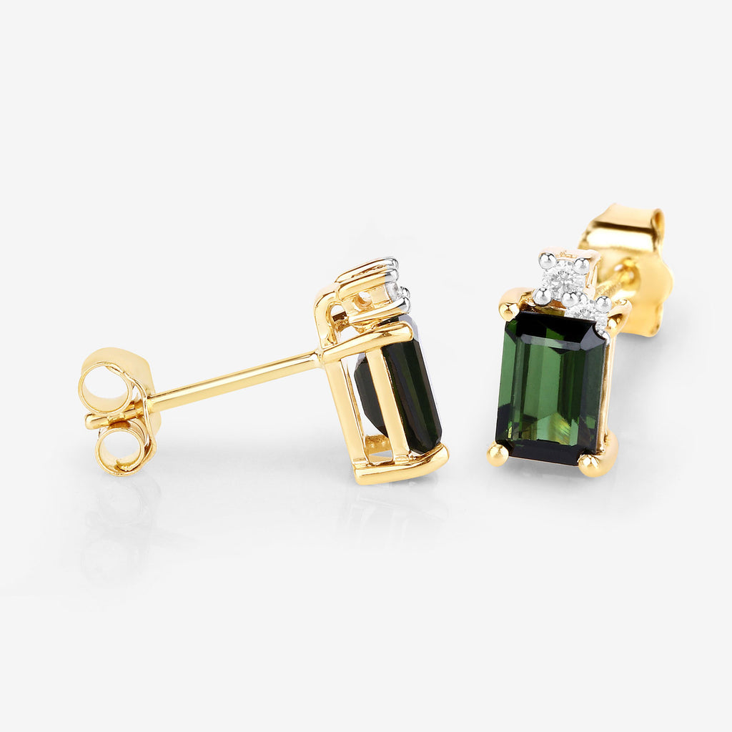 Green Tourmaline Stud Earrings With Diamonds 1.2 Carats 14K Yellow Gold