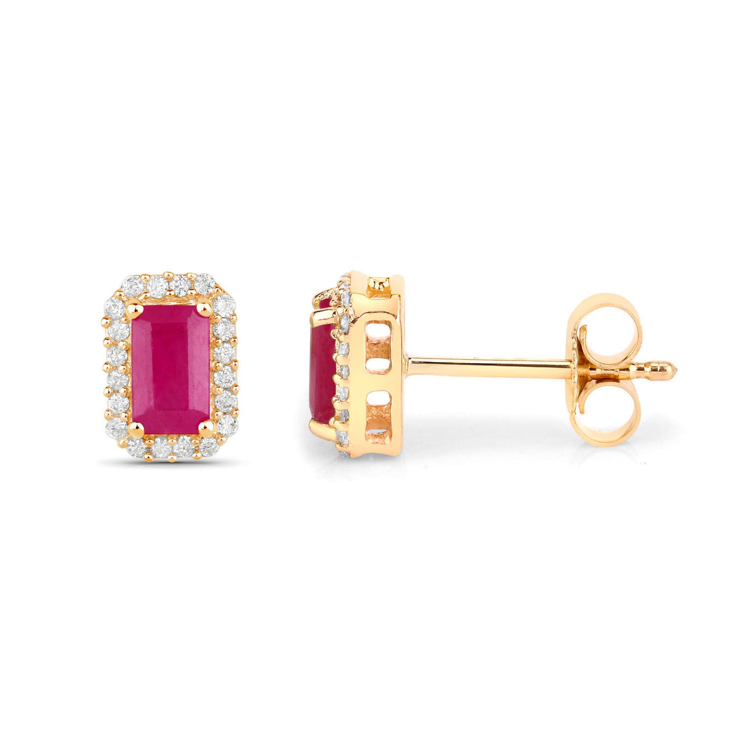 Ruby Earrings Diamond Halo 0.74 Carats 14K Yellow Gold