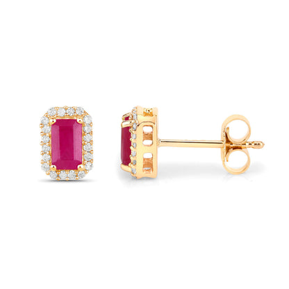 Ruby Earrings Diamond Halo 0.74 Carats 14K Yellow Gold